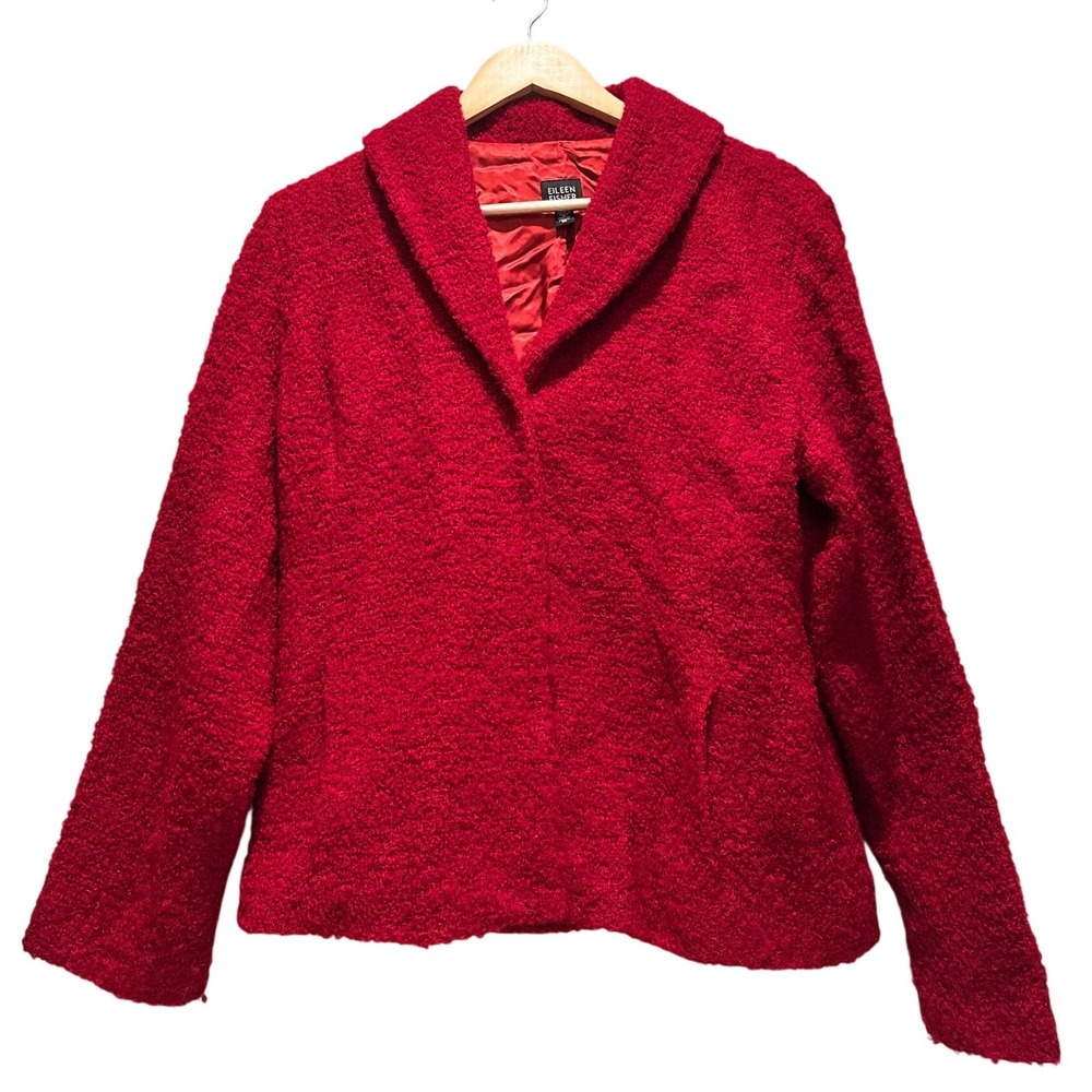 Eileen Fisher Tweed Red Blazer Jacket Wool Blend Size Medium Business Preppy
